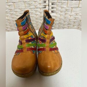 Socofy Ankle boots women’s sz 6.5eu 37 boho like new colorful cork look heel zip